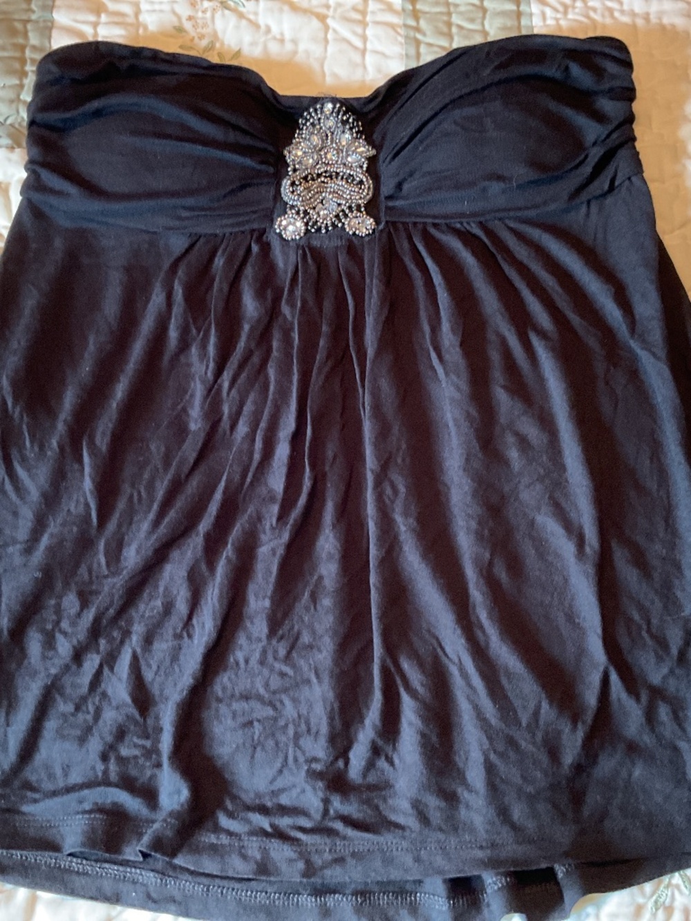 Black strapless top with beaded front